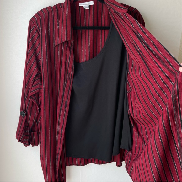 Dressbarn Button Up Blouse Built In Tank Shell Red/Black/Silver Striped Sz 22/24 - Picture 6 of 14